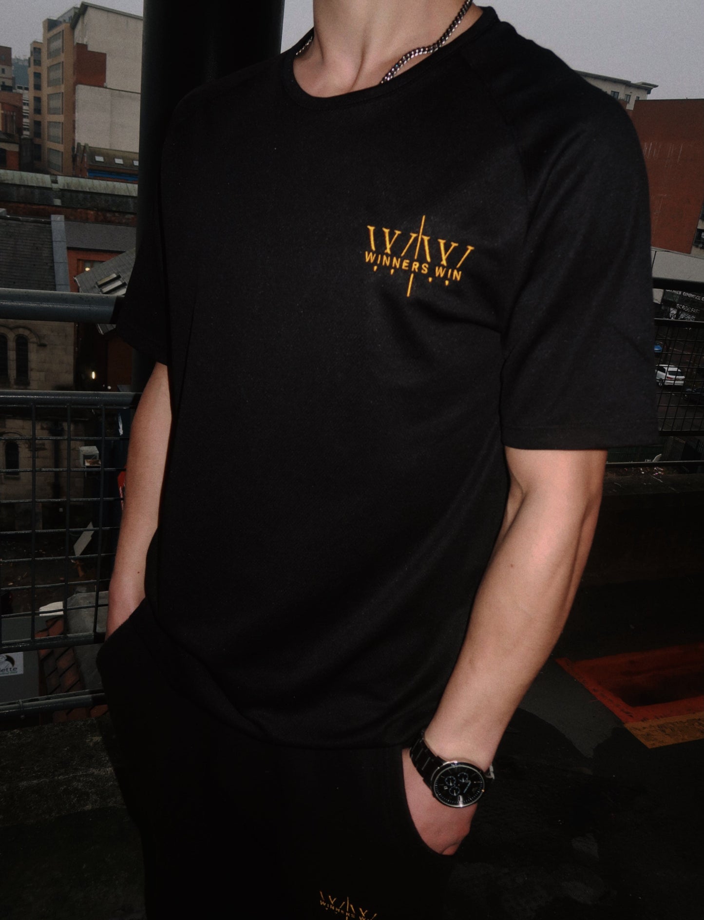 Winners Win performance t-shirt being worn at a photoshoot in Belfast