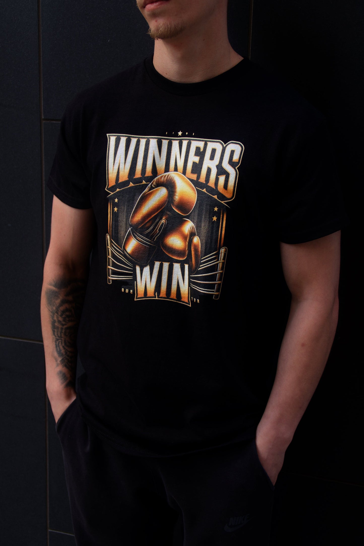 Winners Win Boxing t-shirt being modelled in Belfast