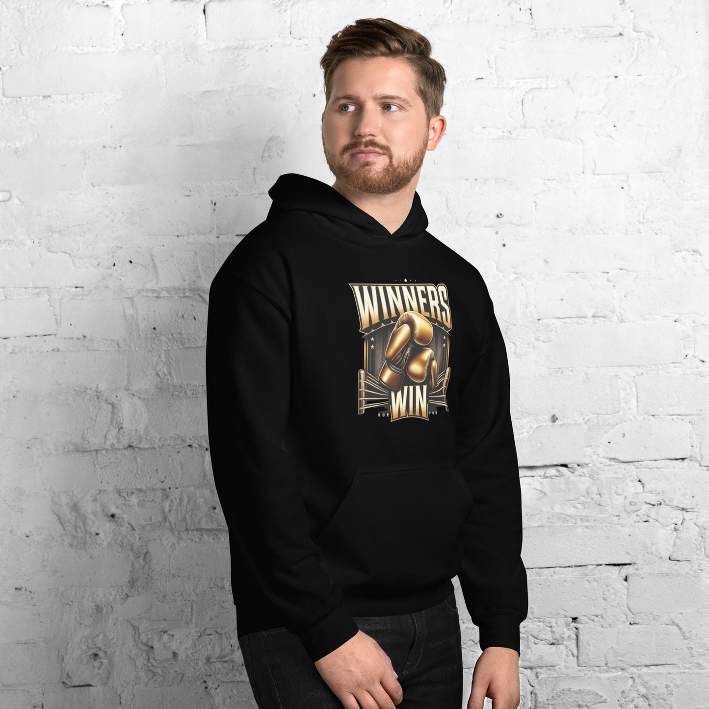 Winners win boxing hoodie being modelled by a make model