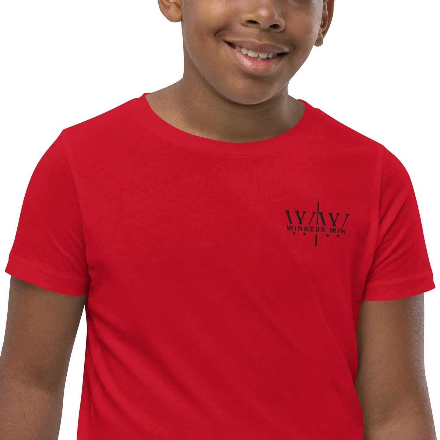 the Winners Win Signature youth t-shirt being modelled by a teenage athlete