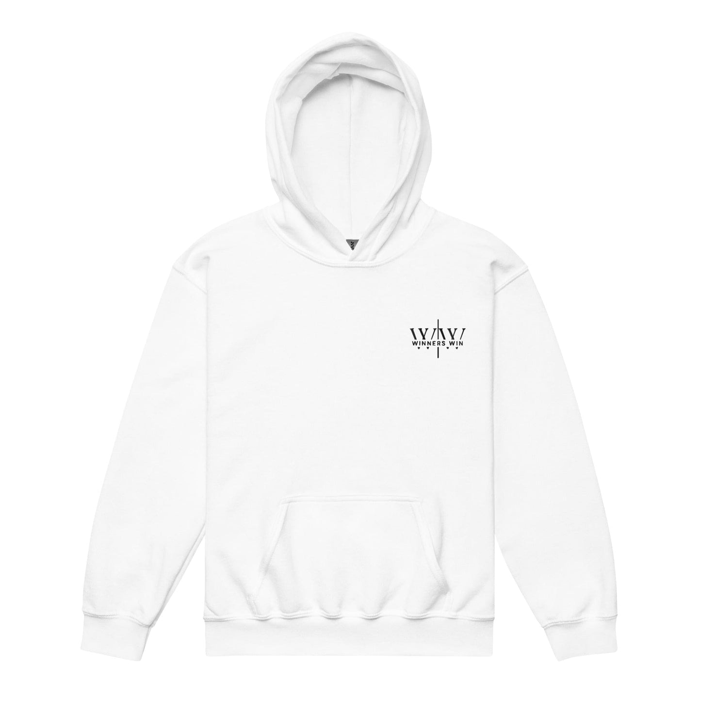 Winners Win White hoodie with the original winners win logo embroidered on the left side of the chest