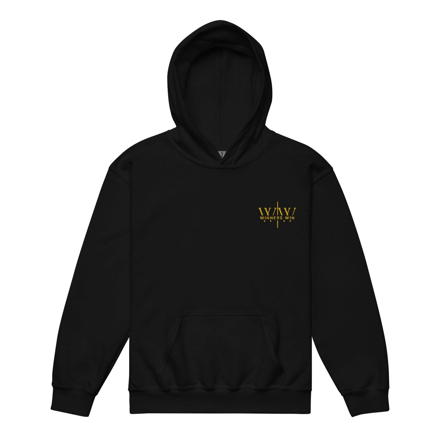 Winners Win youth hoodie with the original winners win logo embroidered in gold on the left side of the chest