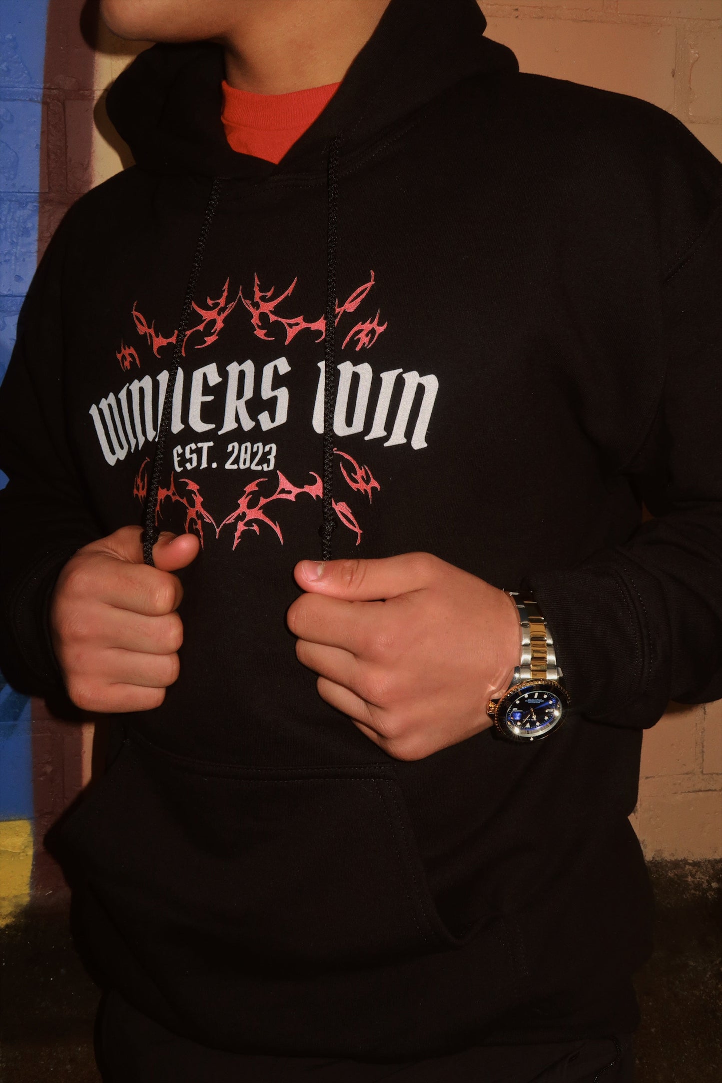 The Winners Win Graphic hoodie Being modelled in Belfast