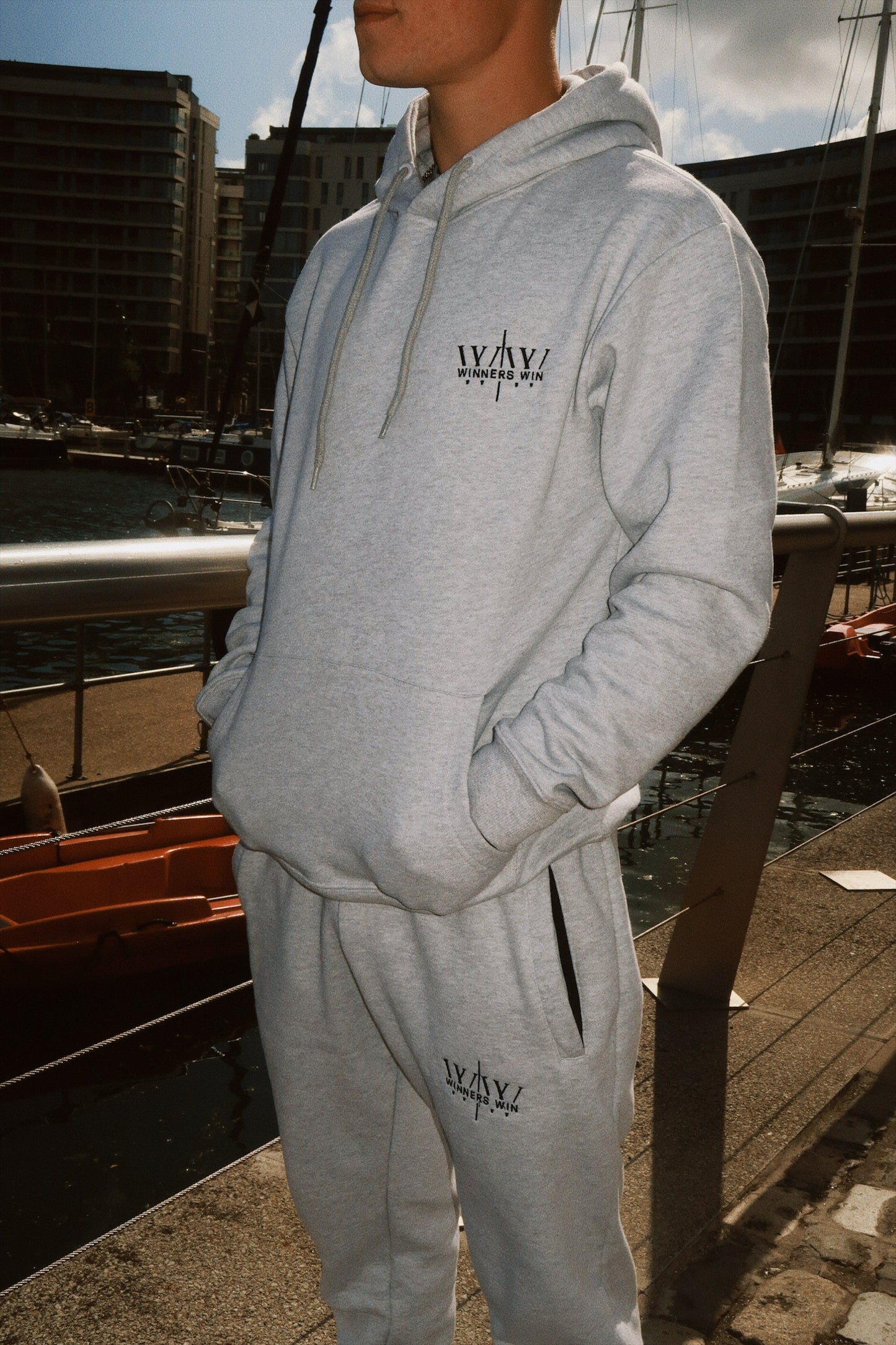 The Winners Win full tracksuit in grey overlooking the SSE arena in Belfast