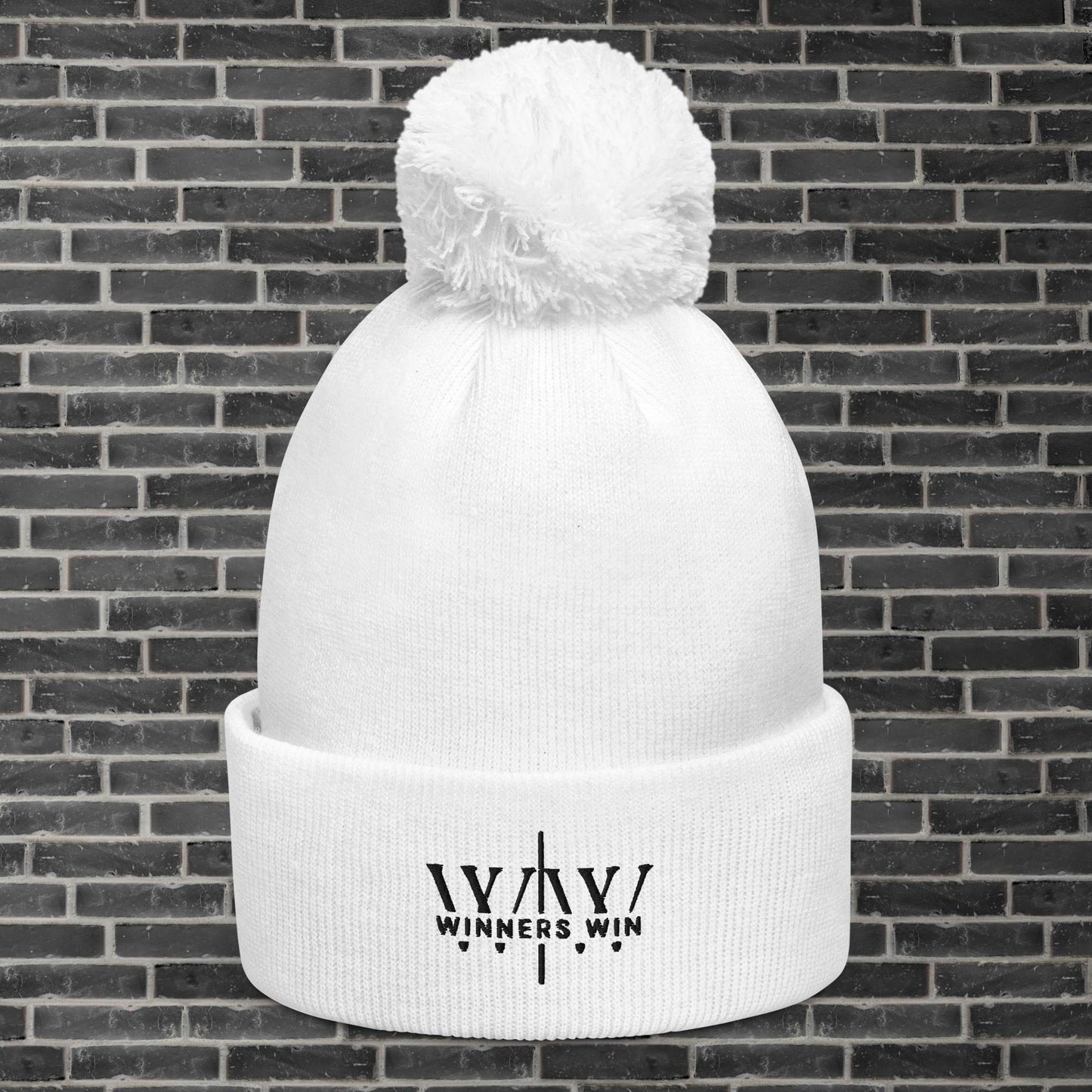 Winners Win White Pom Pom Beanie
