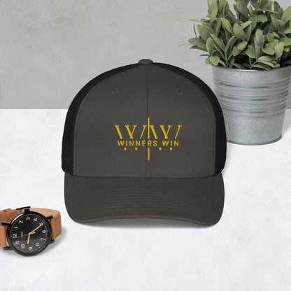 Winners Win grey and black cap with the original Winners Win logo embroidered in gold