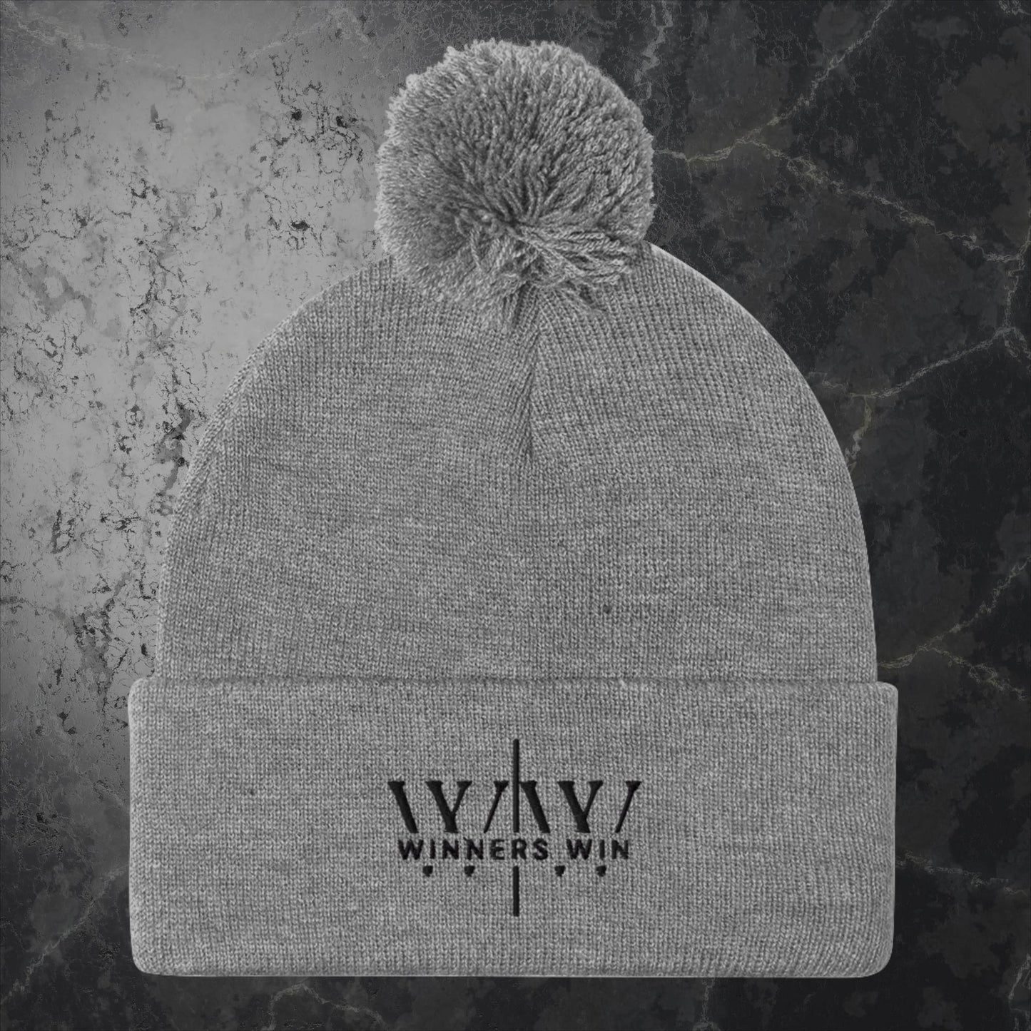 Winners Win grey beanie hat with the original Winners Win logo embroidered in black