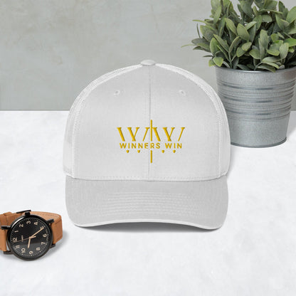 Winners Win white cap with the original Winners Win logo embroidered in gold