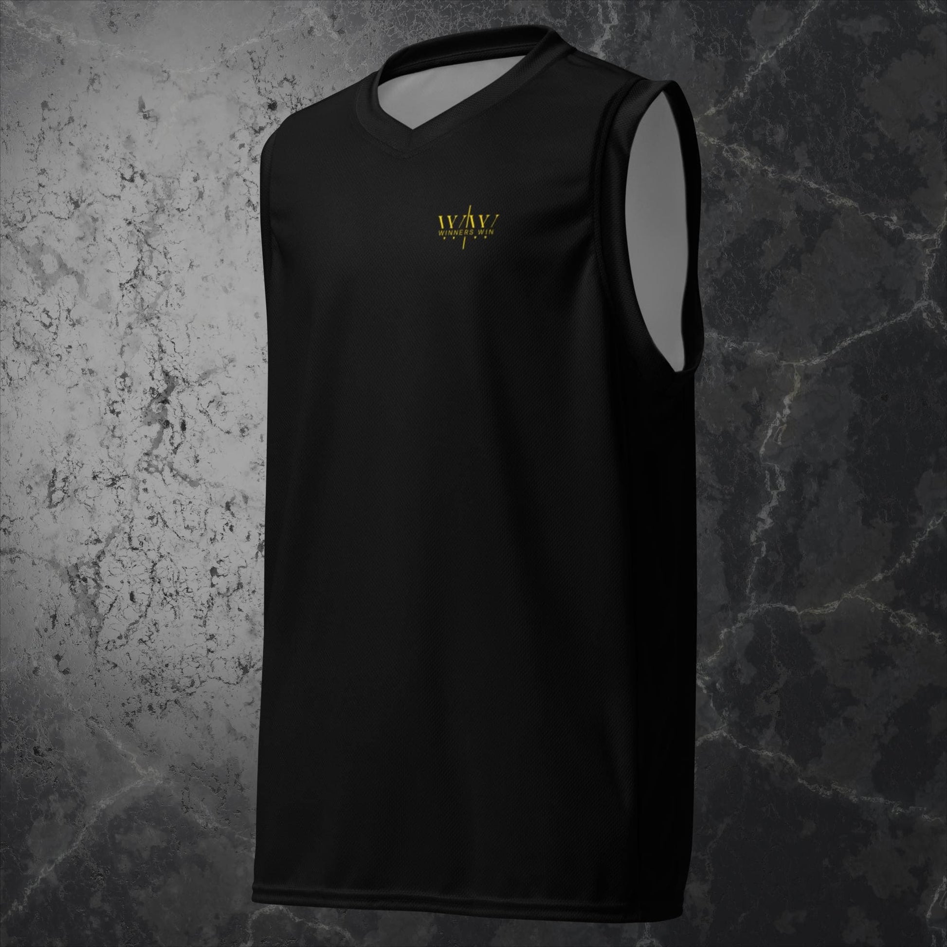 Winners Win black tank top with gold logo on the left pec