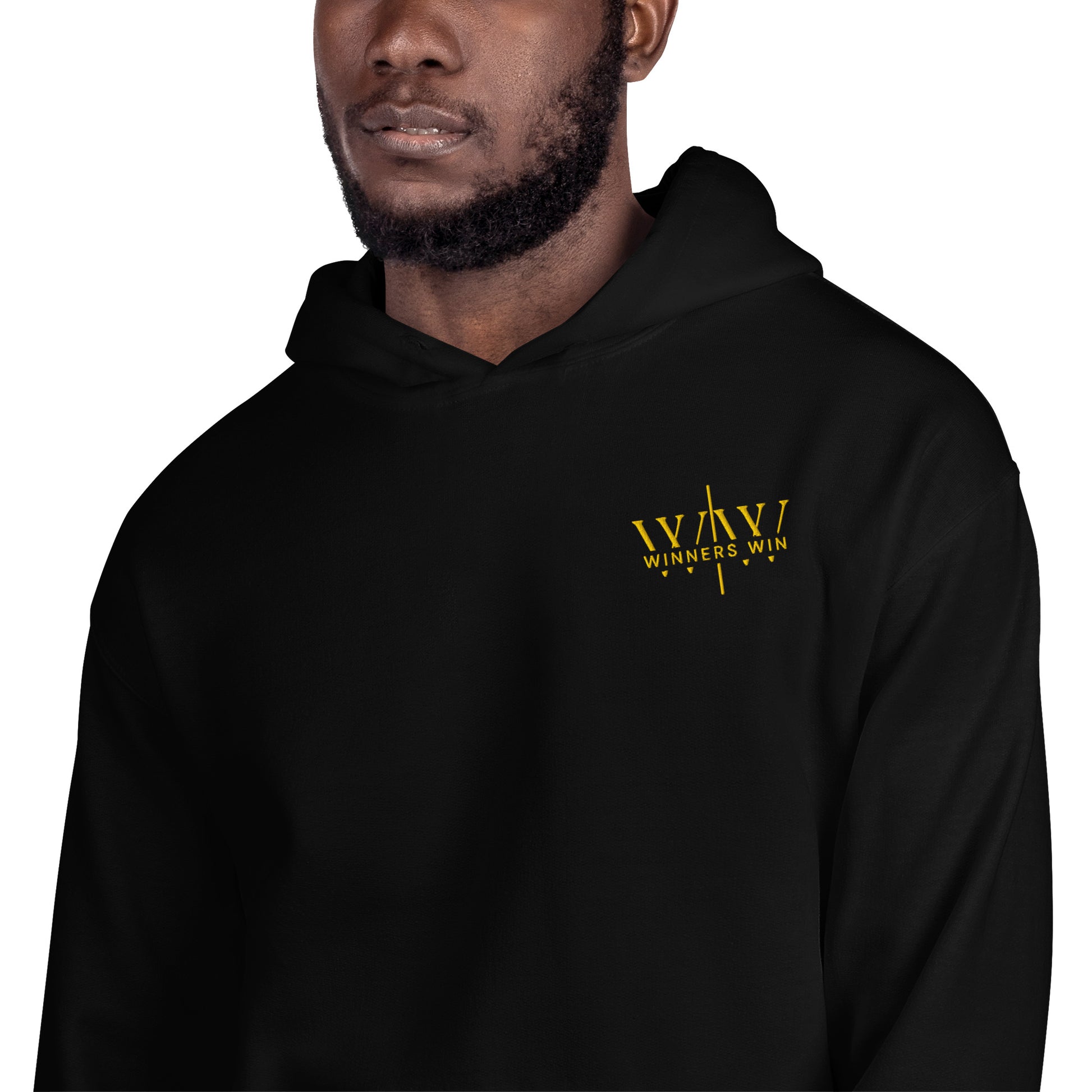 Winners Win black hoodie being modelled by a male model