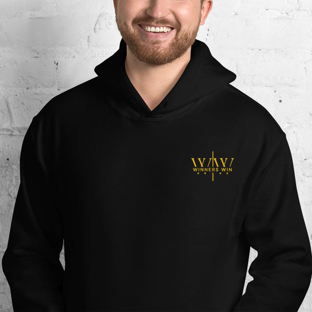 Winners Win black hoodie being modelled by a male model