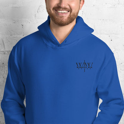 Winners Win blue hoodie being modelled by a male model
