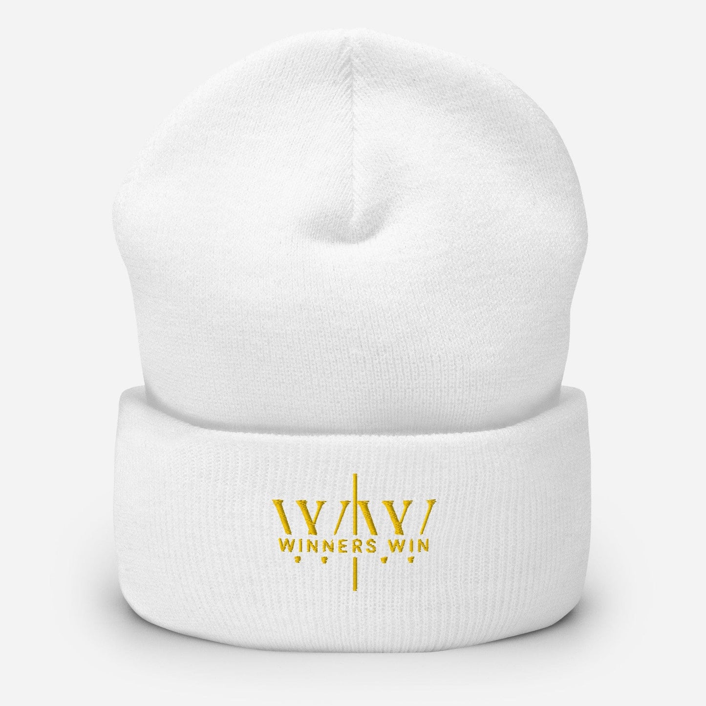 Winners Win white and gold beanie in a ghost mock up