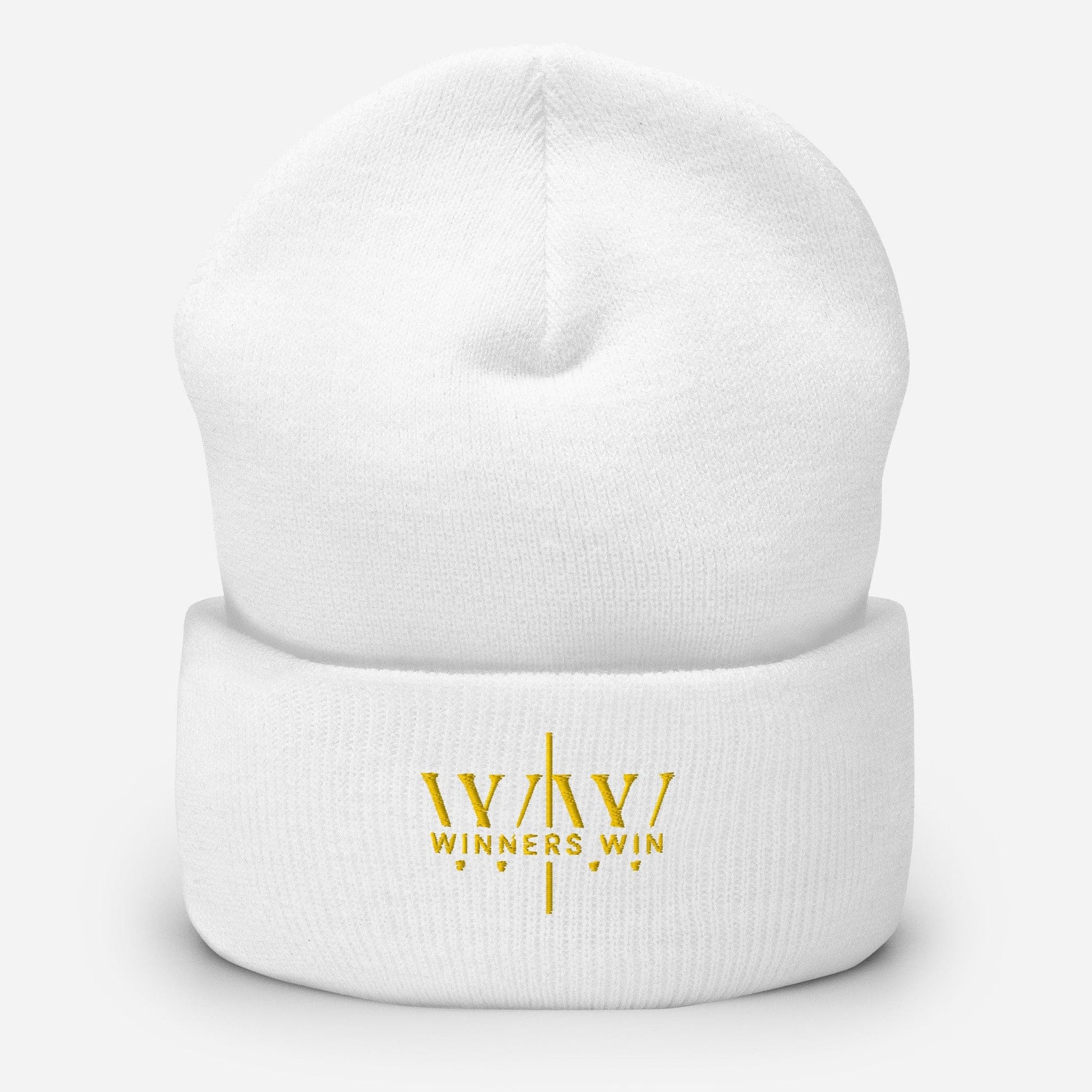 Winners Win white and gold beanie in a ghost mock up