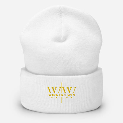Winners Win white and gold beanie in a ghost mock up