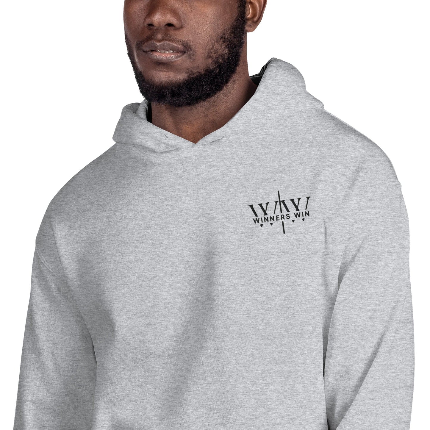 Winners Win grey hoodie being modelled by a male model