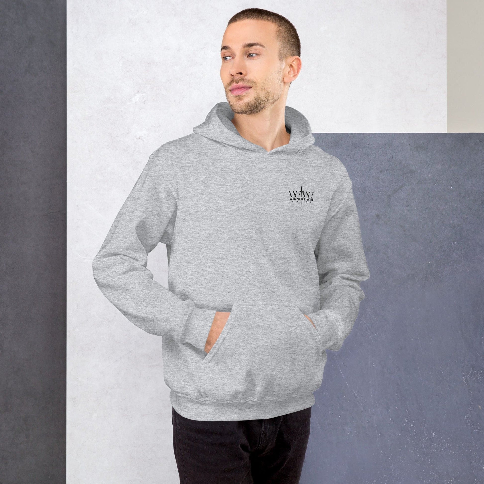 Winners Win grey hoodie being modelled by a male model