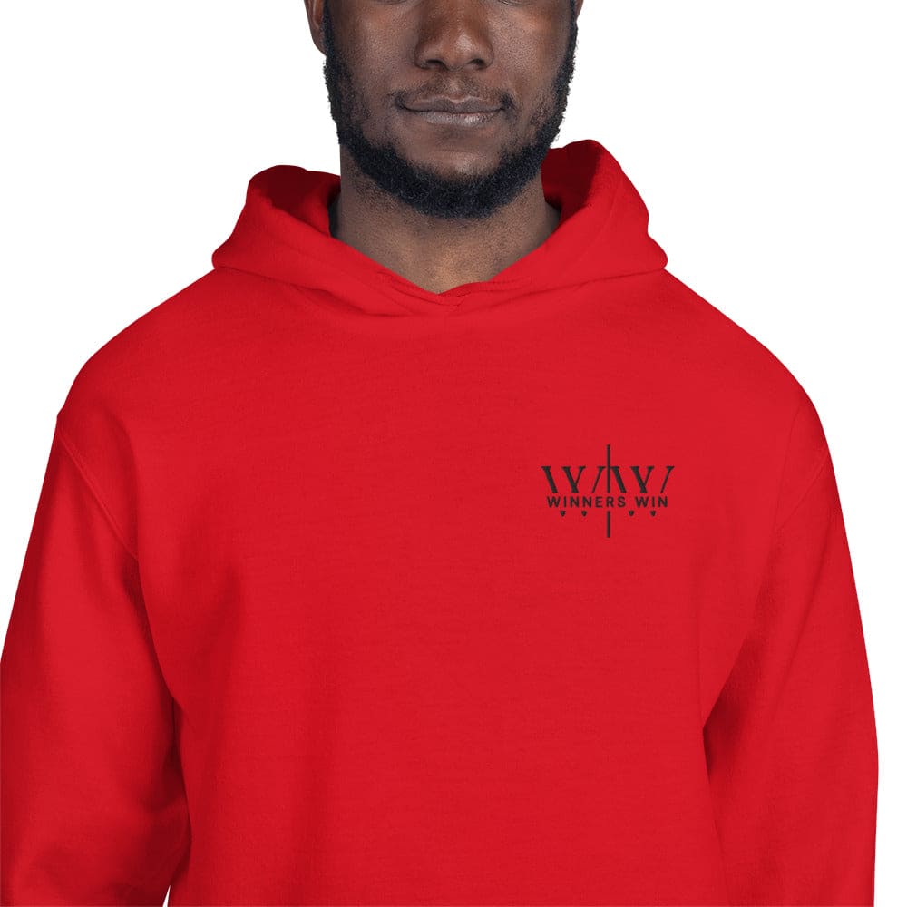Winners Win red hoodie being modelled by a male model