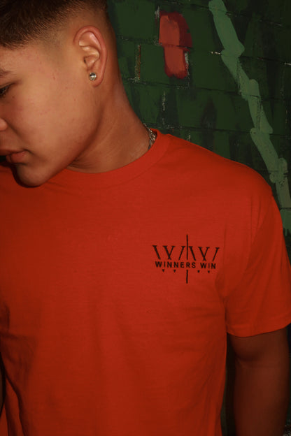 Winners Win red cotton t-shirt being worn at a photoshoot in Belfast