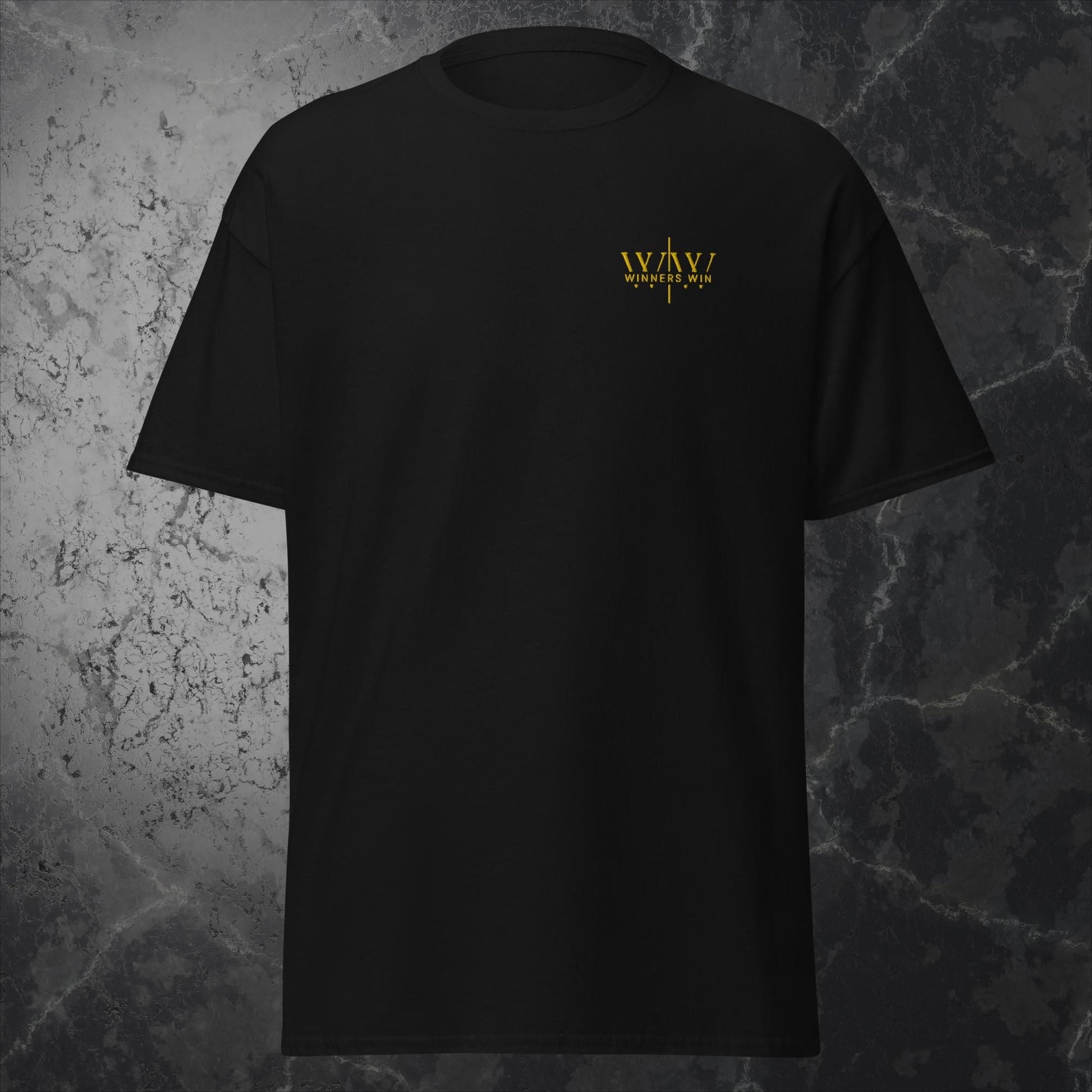 Winners Win black t-shirt with gold logo on the left pec