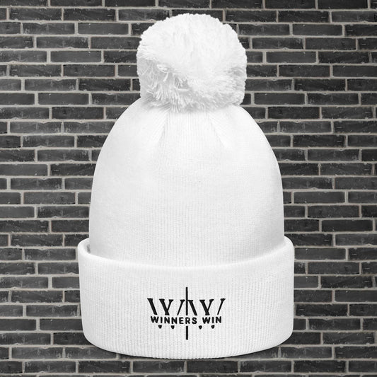Winners Win White Pom Pom Beanie