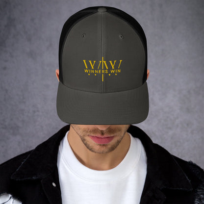 Winners Win grey and black cap with the original Winners Win logo embroidered in gold